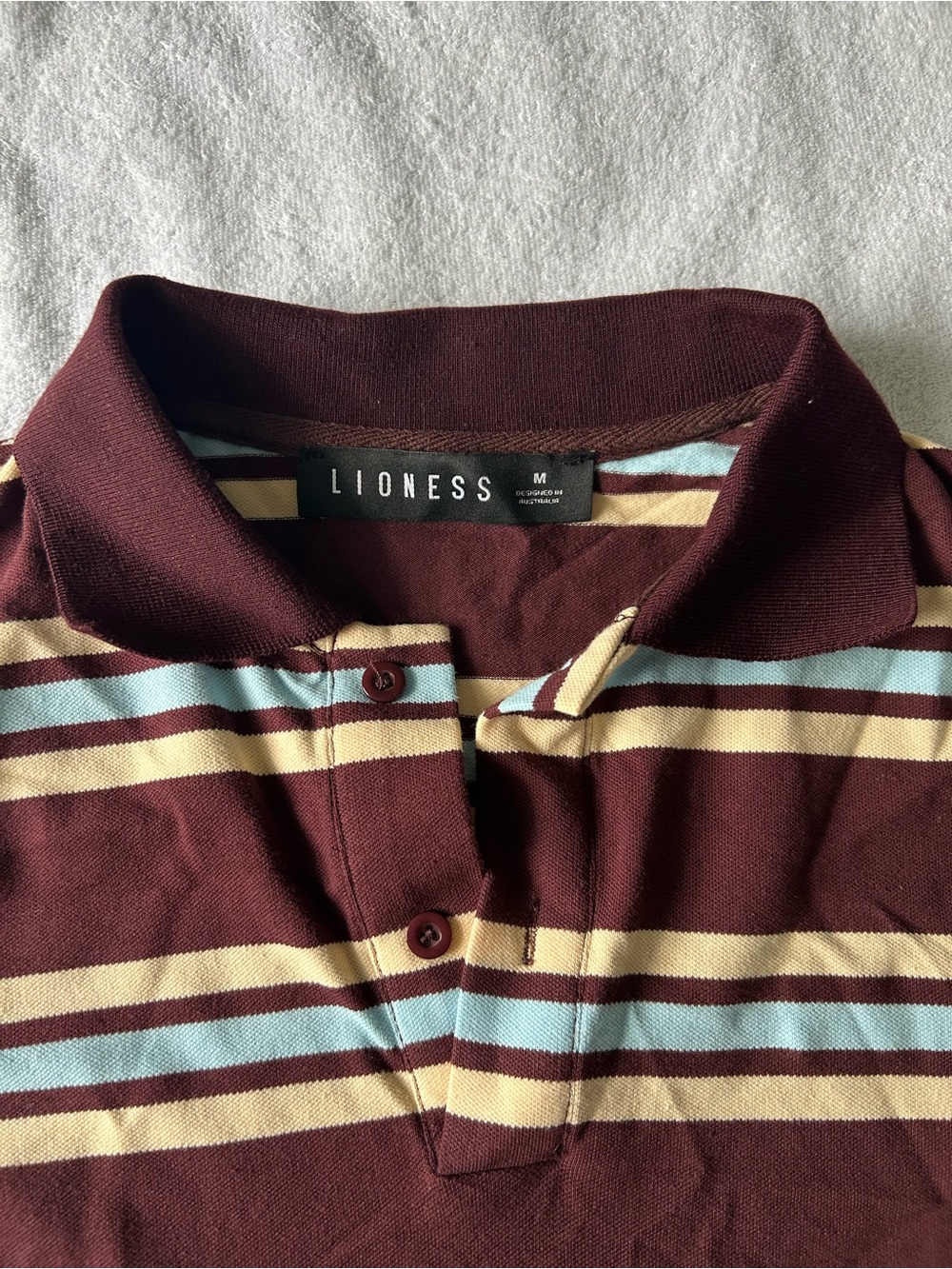 Lioness Maroon Polo with Cream and Light Blue Stripes